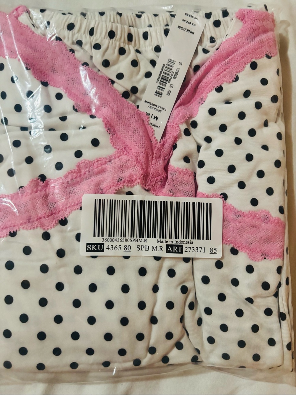 Victoria's Secret White Polka Dot Pajama Set with Pink Lace Trim